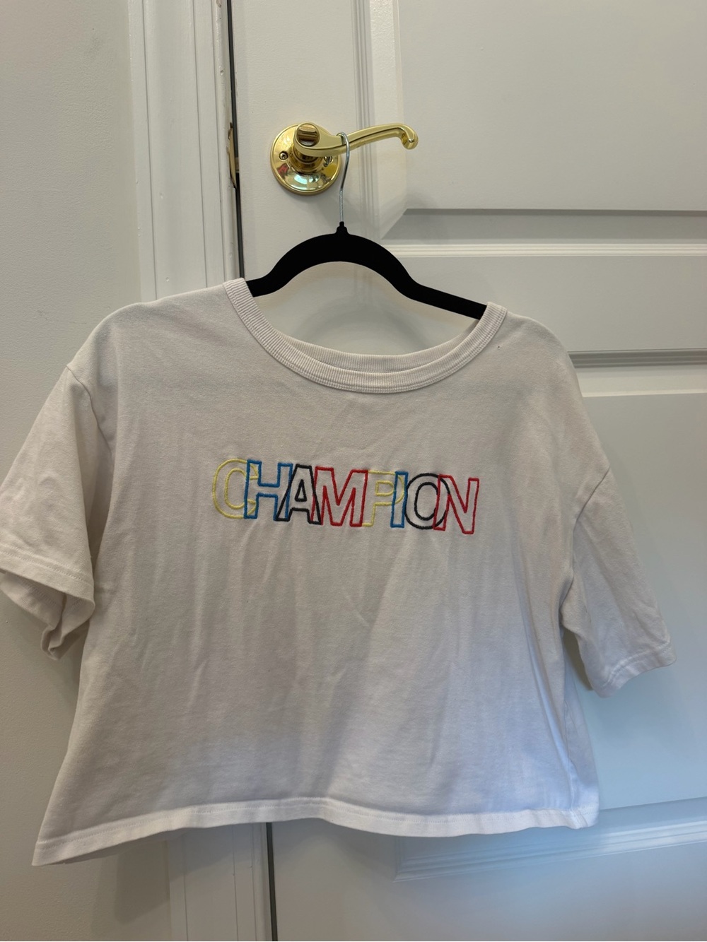 Champion White Tee with Colorful Embroidered Logo